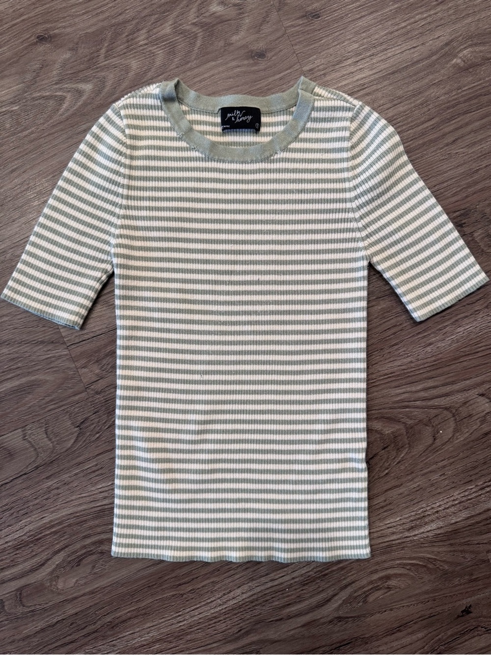 Sage & cream Striped Ribbed Short Sleeve Tee